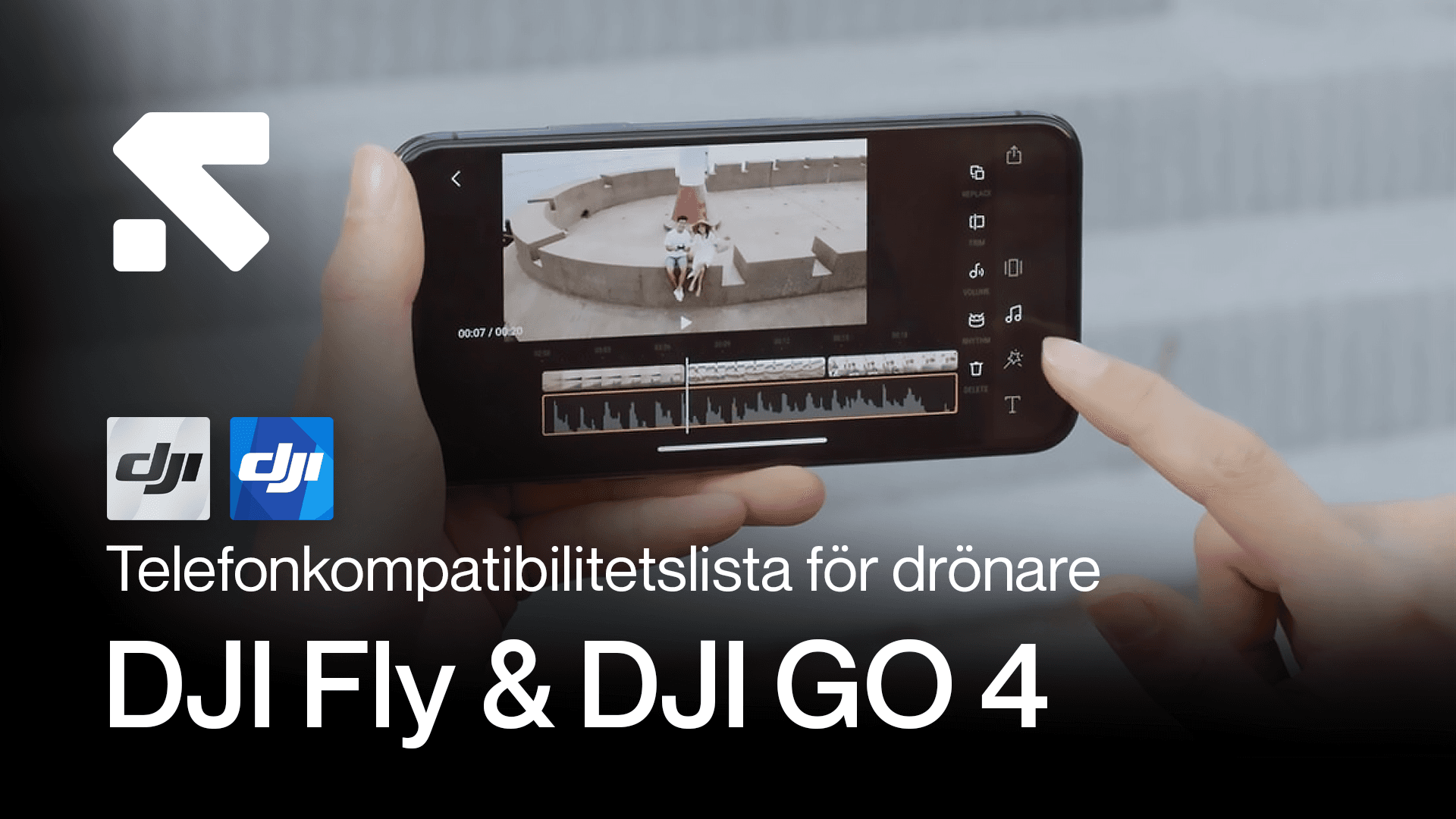 En hand håller en smartphone som visar videoredigering i en app, med text om telefonkompatibilitet för DJI Fly och DJI GO 4 drönarappar.