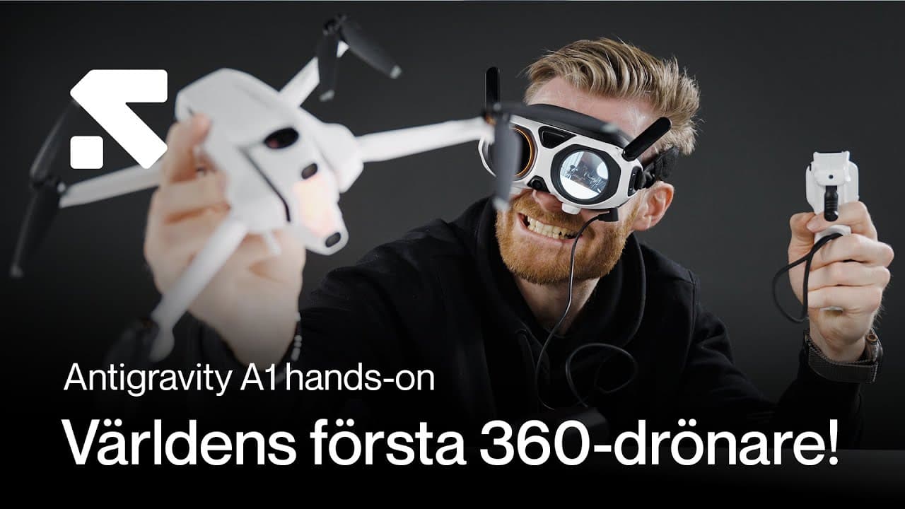 En person testar en drönare med VR-glasögon och en handkontroll, vilket visar upp den nya Antigravity A1 360-drönaren.