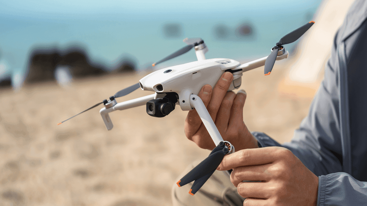 En person håller en DJI Lito 1-drönare på en strand, redo för flygning vid havet.