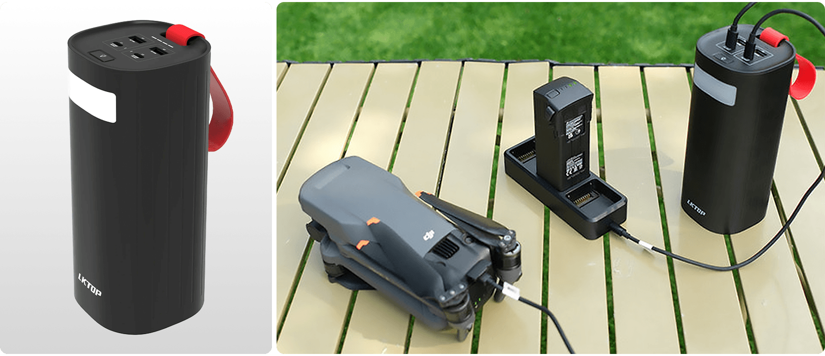 En bärbar powerbank från LKTOP med flera USB-portar laddar en drönare och ett batteri på ett utomhusbord.