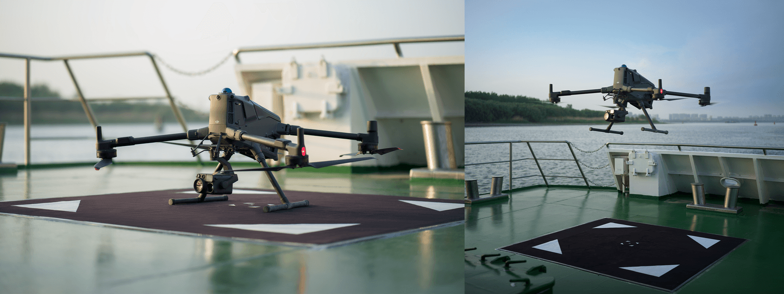 En DJI Matrice 400 står redo för start på ett fartygsdäck, medan en annan bild visar drönaren i luften över vattnet.