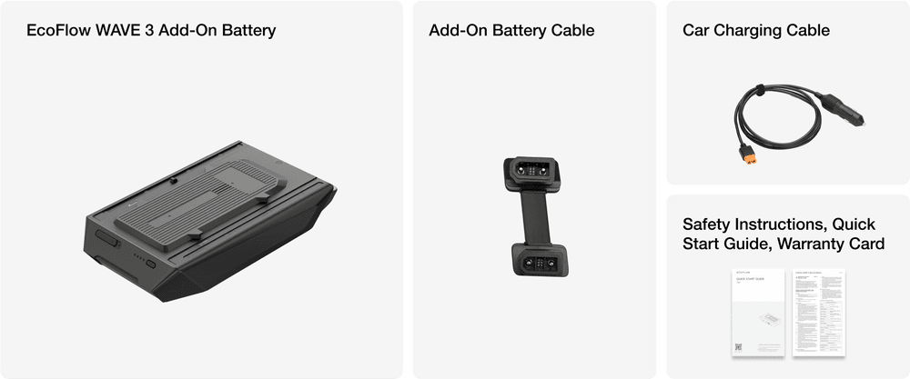Bild av EcoFlow WAVE 3 tilläggsbatteri med tillhörande kablar och dokumentation, inklusive säkerhetsinstruktioner och garantikort.