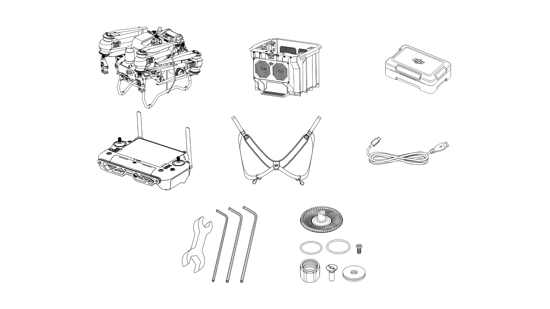Illustration av drönartillbehör inklusive en drönare, fjärrkontroll, batteriladdare, kablar och verktyg, arrangerade på en vit bakgrund.