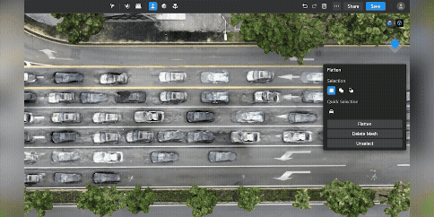 Flygbild av en trafikerad väg med flera filer, visad i ett redigeringsprogram med verktygsmeny synlig.