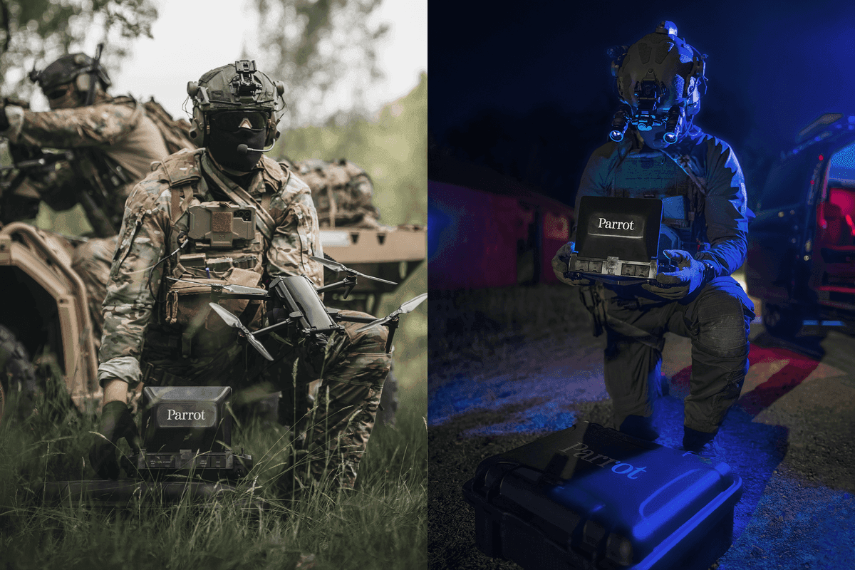Två soldater i taktisk utrustning hanterar drönare i olika miljöer; en i dagsljus i skogen och en i nattmiljö med blått ljus.