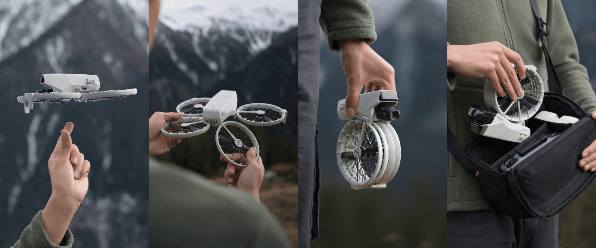 Drönaren DJI Flip fälls ihop och läggs i en drönarväska