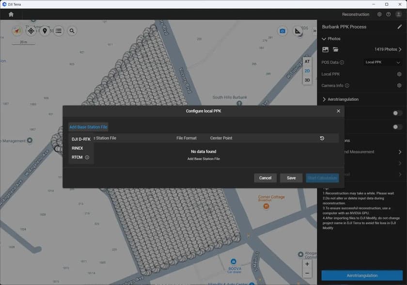 Skärmbild av DJI Terra-programvara som visar konfiguration av lokal PPK med kartdata och alternativ för att lägga till basstationsfiler.
