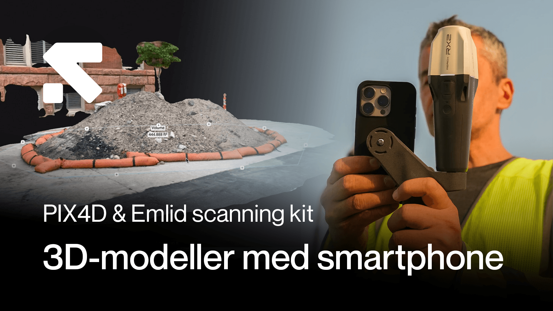 En person använder en smartphone med ett Emlid scanning kit för att skapa 3D-modeller, med en digital visualisering av en jordhög i bakgrunden. en-person-anvander.png