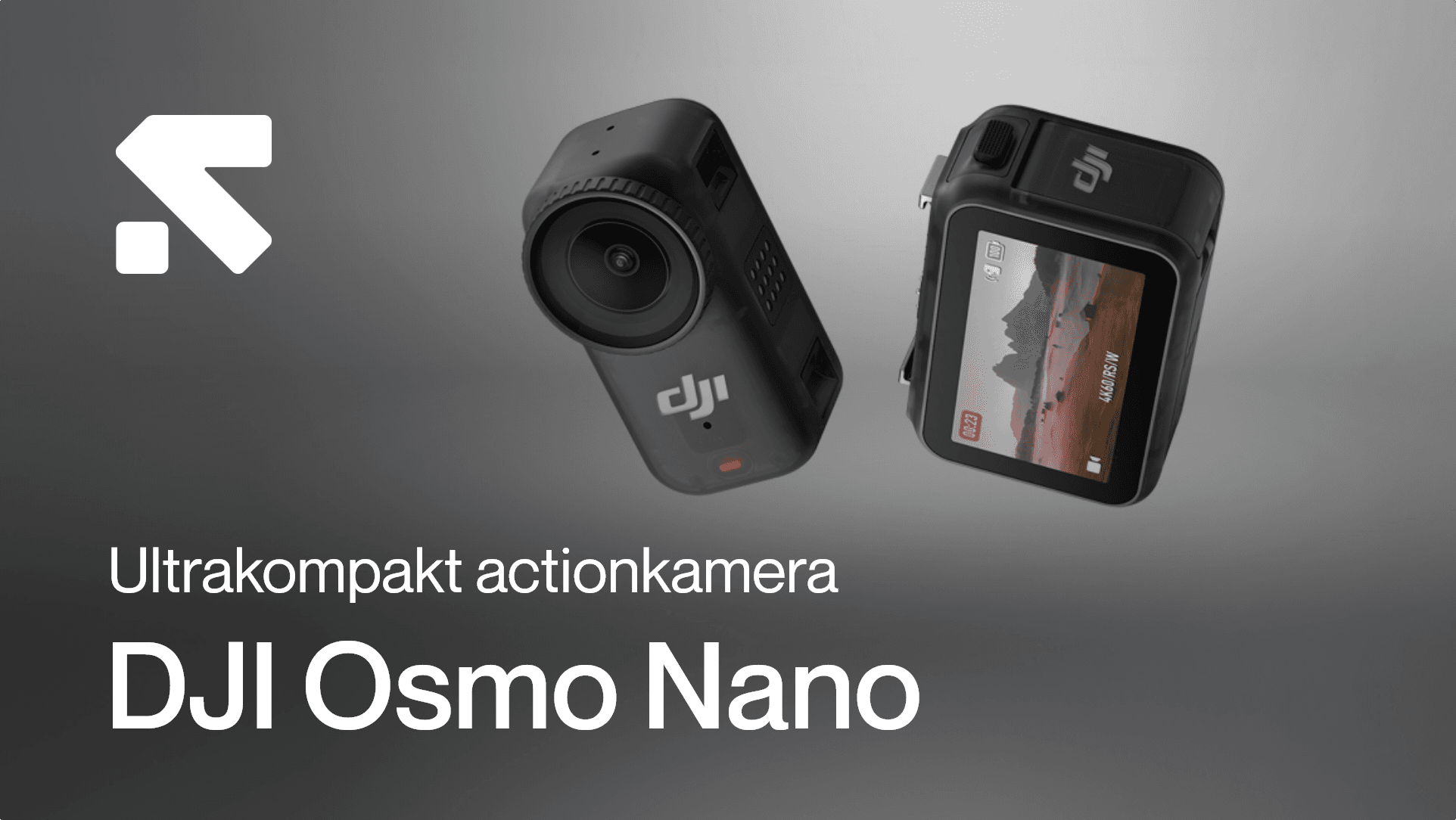 Ultrakompakta DJI Osmo Nano actionkamera visas mot en grå bakgrund, med en kamera som visar en landskapsbild på skärmen.