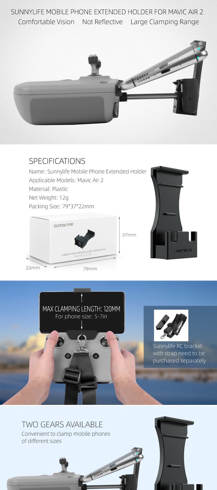 Ha6ffc56e4cf149ecb7a58f7b608a7c6cXSunnylife Mobile Phone Holder Large Screen Phones Extended Bracket for Mavic Air 2 Remote Controller