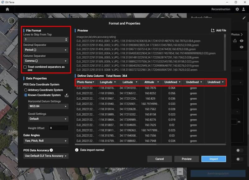 Skärmbild av ett programgränssnitt som visar inställningar för filformat och datakolumner, inklusive koordinater och höjddata för bilder.