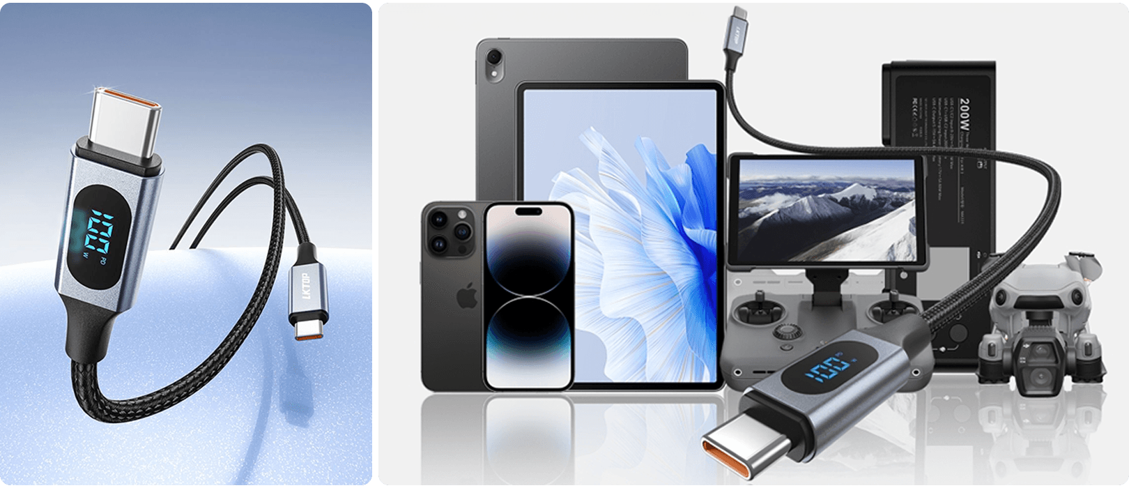 En USB-C-kabel med digital display visar laddningskapacitet, omgiven av olika elektroniska enheter som en smartphone, surfplatta och drönare.