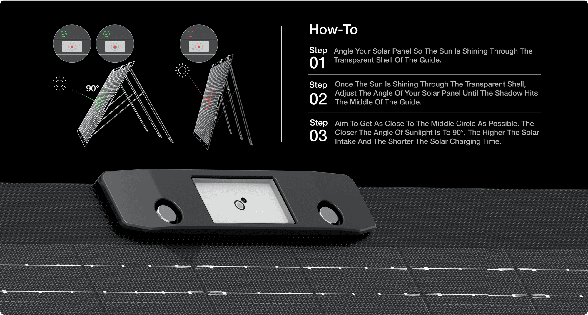 Instruktioner för att justera en solpanel för optimal solinstrålning, med fokus på att uppnå en 90-graders vinkel för effektiv laddning.
