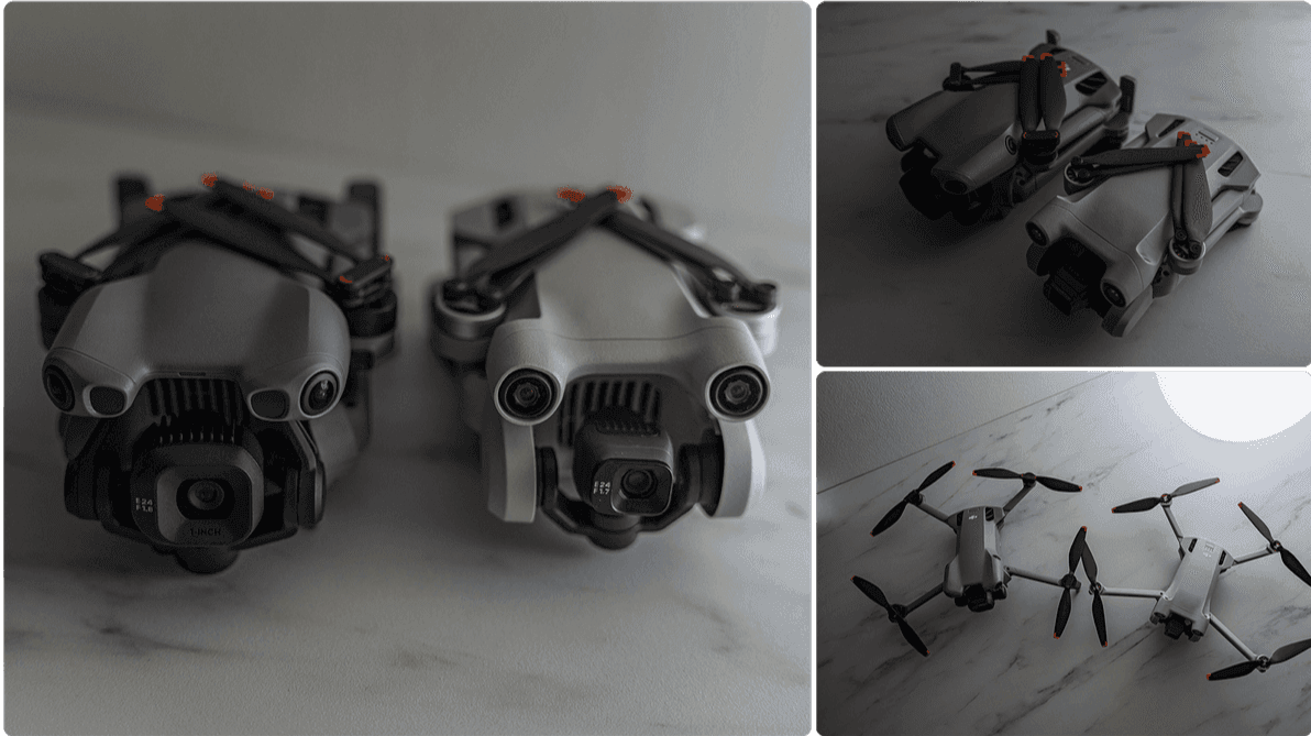 DJI Mini 5 Pro och DJI Mini 3 Pro ligger sida vid sida på ett marmorbord, med en bild av dem utfällda och redo för flygning i bakgrunden.