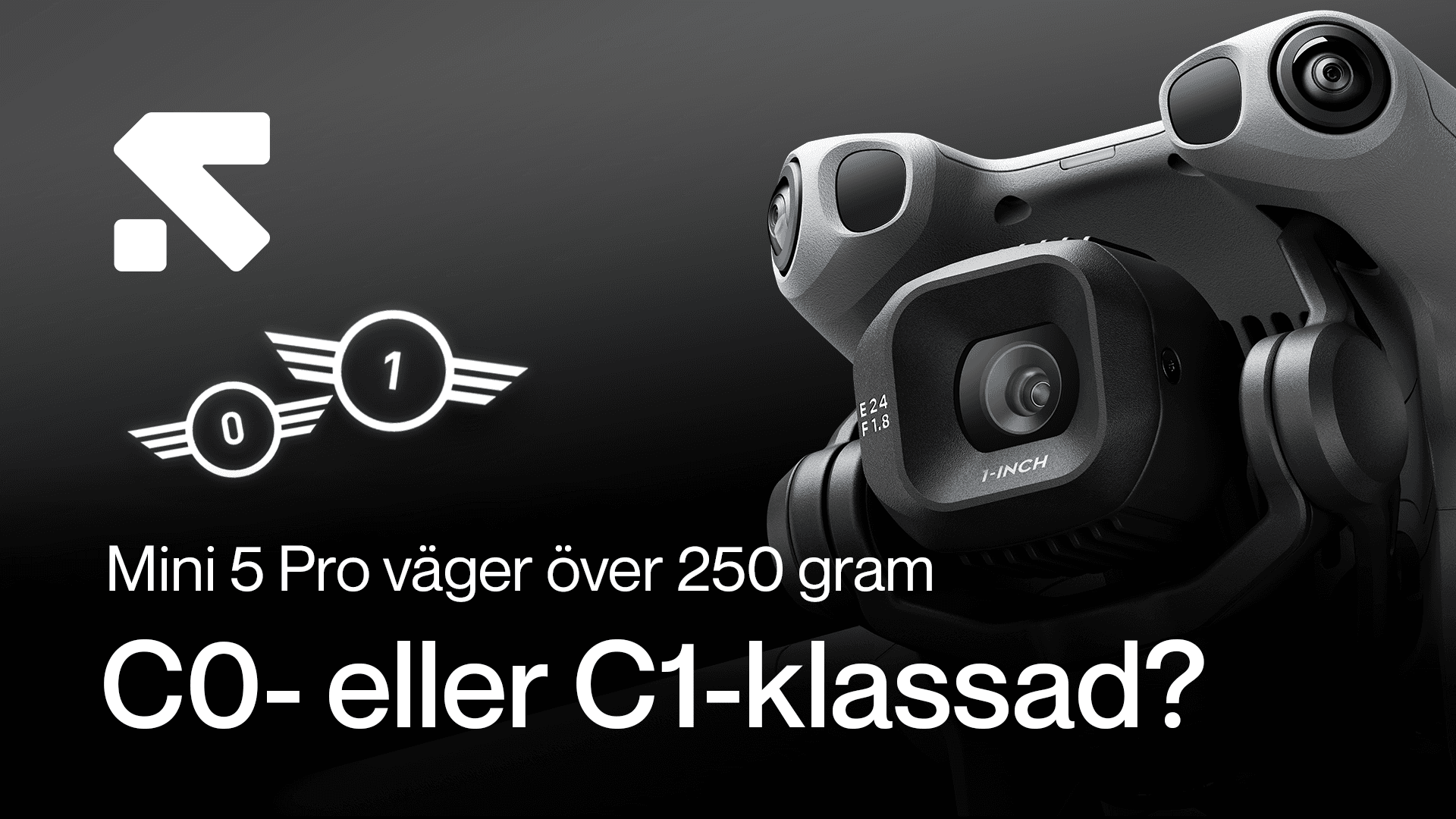 En närbild av Mini 5 Pro med text som frågar om den är C0- eller C1-klassad, med fokus på dess vikt över 250 gram.