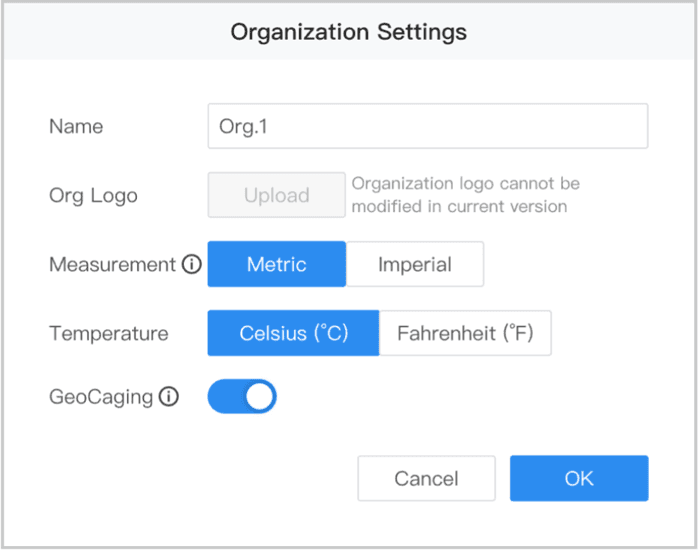 Inställningsskärm för organisation med alternativ för namn, logotyp, måttenhet, temperatur och geocaging.