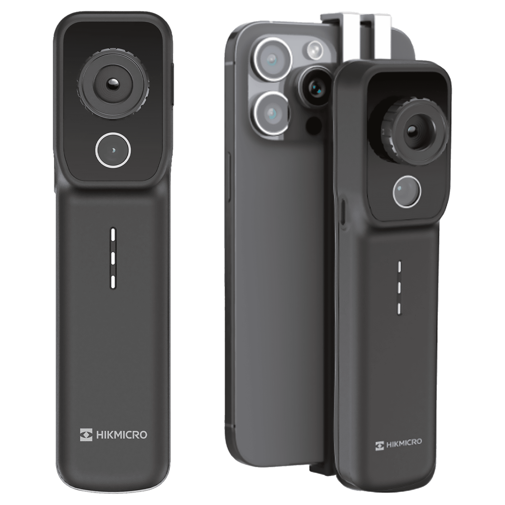 En kompakt värmekamera från HIKMICRO visas ensam och monterad på en smartphone, vilket illustrerar dess portabilitet och användarvänlighet.