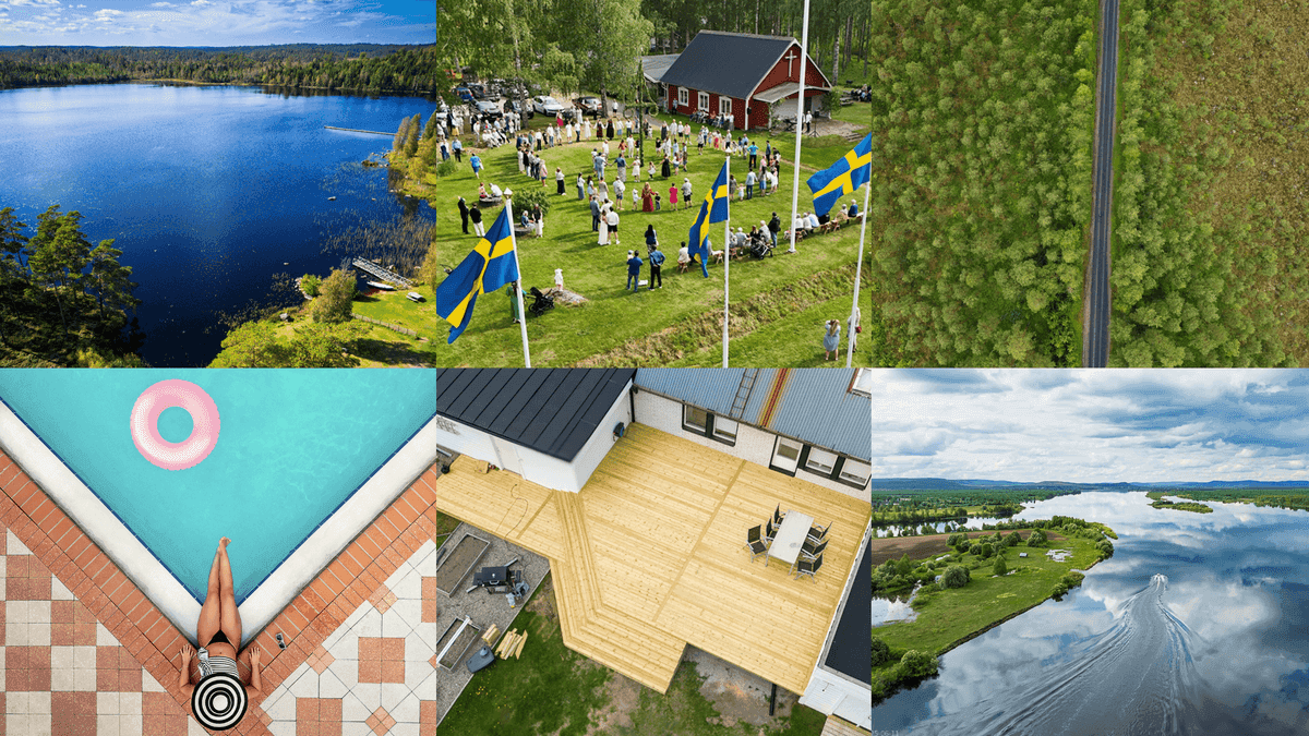 1. En sjö omgiven av skog under blå himmel.
2. Människor vid en röd byggnad med svenska flaggor.
3. En rak väg genom skog.
4. Person vid poolkant med rosa badring.
5. Ny träaltan med utemöbler vid hus.
6. Båt på flod med grönskande landskap.