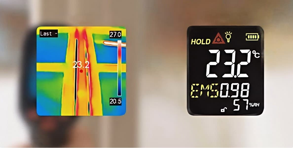 En termisk bild visar temperaturvariationer med färgskalor, bredvid en digital display som visar 23,2°C och andra mätvärden.