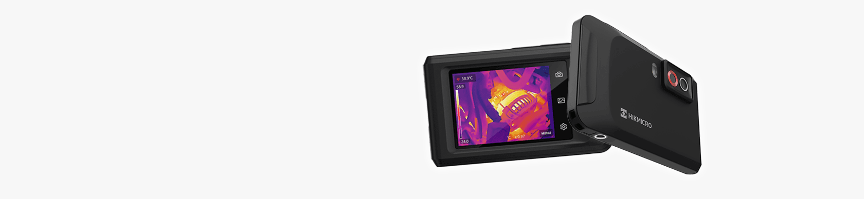 En handhållen värmekamera från Hikmicro visar en termisk bild på sin skärm, med fokus på detaljerad temperaturavläsning.