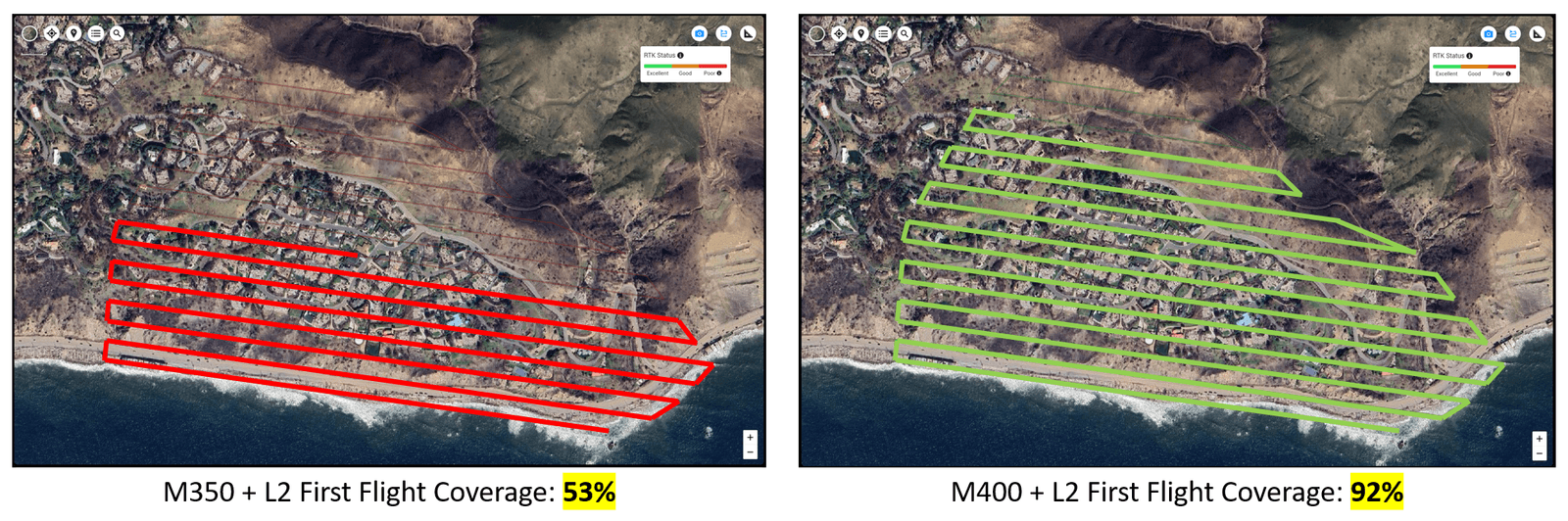 Två satellitbilder visar flygområden för M350 och M400 drönare, med M350 täckande 53% i rött och M400 täckande 92% i grönt över ett kustlandskap.