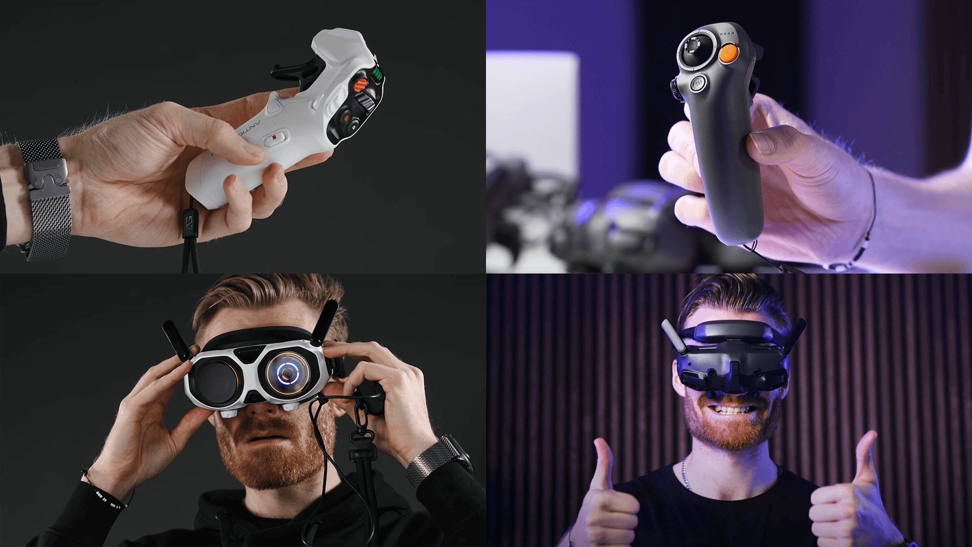 En person håller i två olika handkontroller för drönare, medan en person bär VR-glasögon för drönare och ger tummen upp, vilket antyder en positiv upplevelse med tekniken.