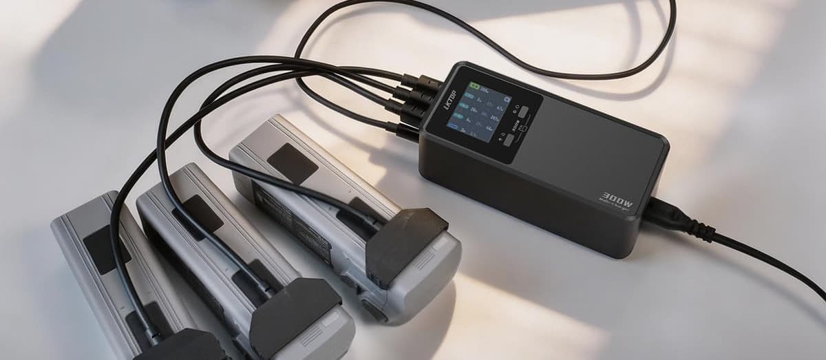 En 300W laddningshub för DJI Matrice 4T/4E batterier visas med flera batterier anslutna, bredvid en fjärrkontroll. Text och ikoner beskriver funktioner som snabb laddning och LCD-skärm.