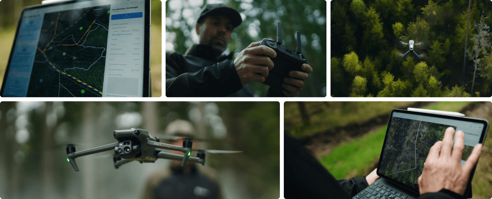 Global Forester – En person styr en drönare i en skogsmiljö, medan en bärbar dator visar en kartapplikation för drönarens flygväg.