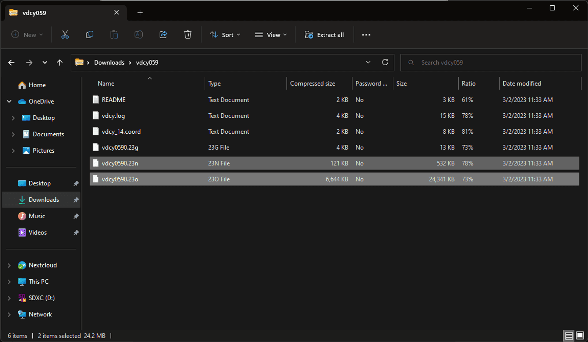En filutforskare visar innehållet i mappen 'vdcy059' med flera text- och datafiler, inklusive markerade filer med tilläggen .23n och .23o.