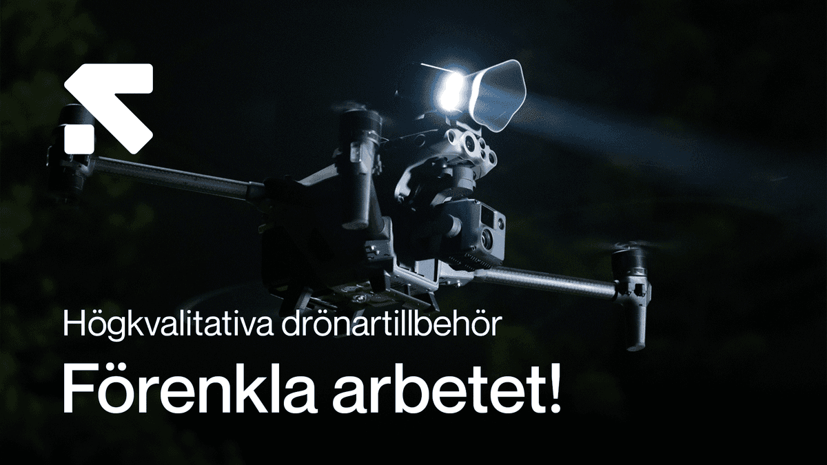 En DJI-drönare utrustad med en stark CZI-strålkastare flyger i mörkret, med texten 'Högkvalitativa drönartillbehör - Förenkla arbetet!' i förgrunden. en-dronare-utrustad.png
