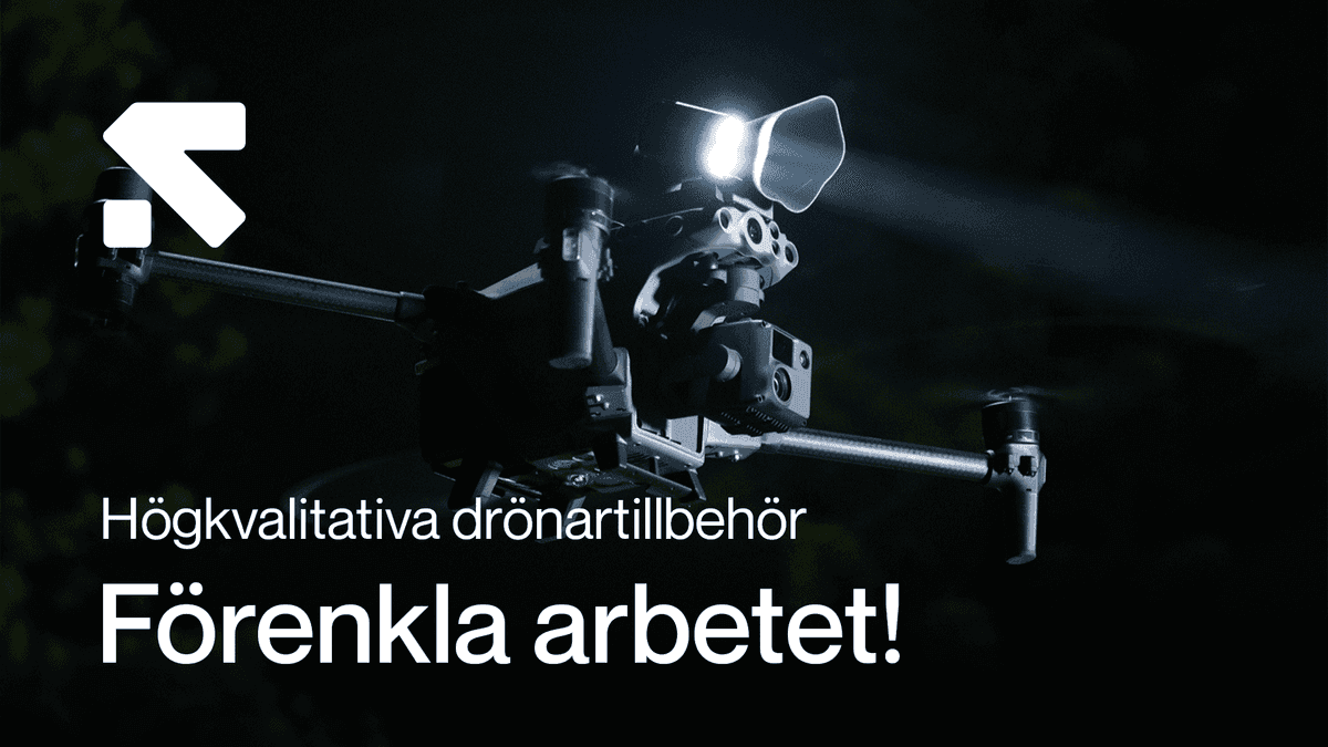 En DJI-drönare utrustad med en stark CZI-strålkastare flyger i mörkret, med texten 'Högkvalitativa drönartillbehör - Förenkla arbetet!' i förgrunden.