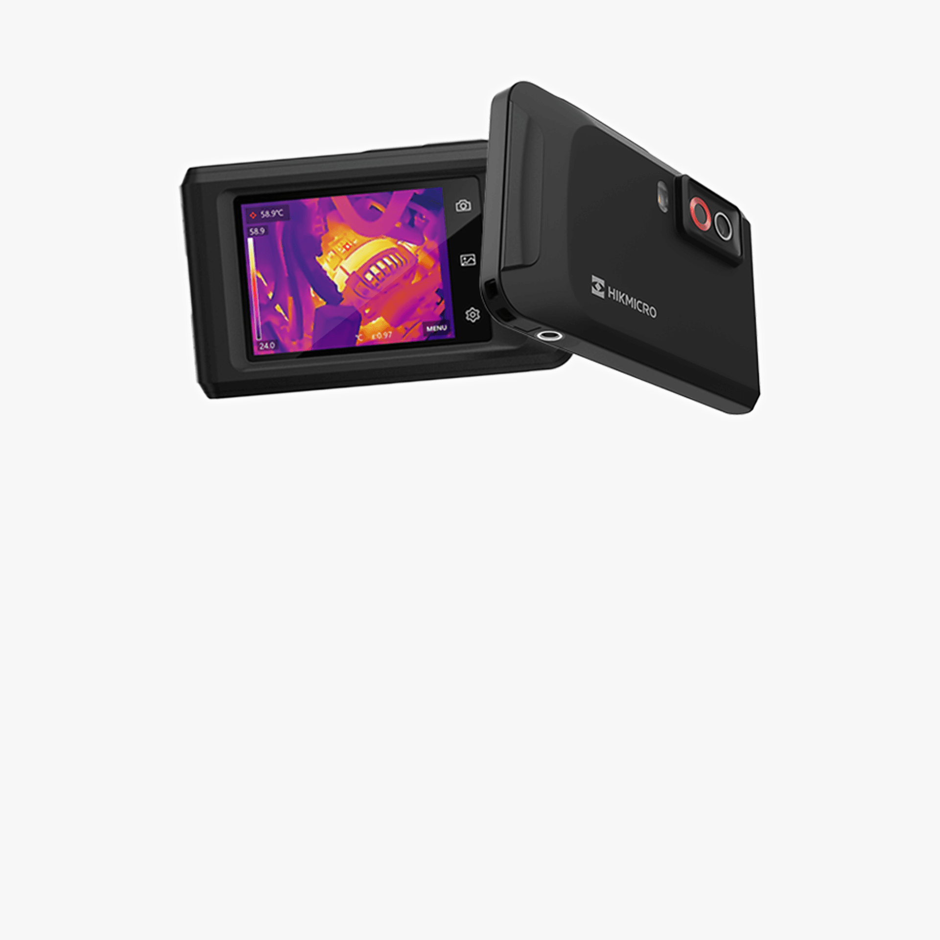 En kompakt värmekamera visar en termisk bild på sin skärm, med en tydlig och modern design.