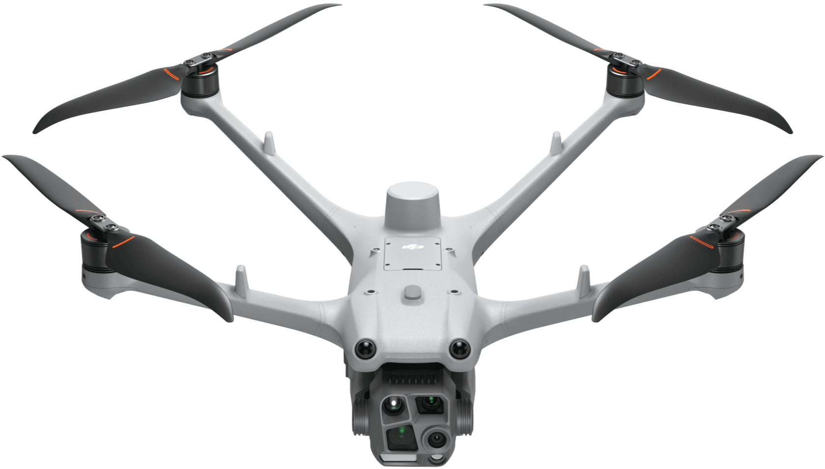En modern drönare med fyra propellrar svävar mot en svart bakgrund, redo för flygning.