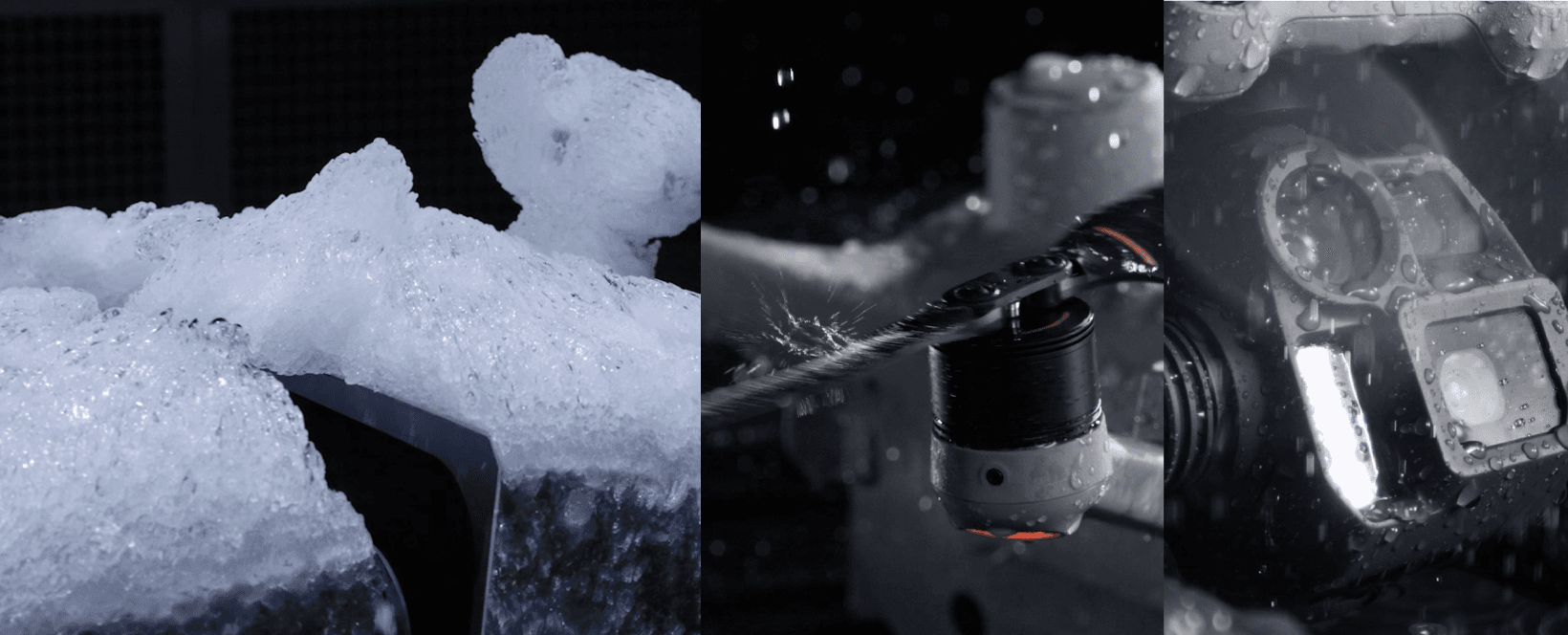 En serie bilder visar en DJI Dock 3 som öppnas med genom ett lager av is, en drönarpropeller i rörelse med vattendroppar, och en drönarkamera täckt av vattenstänk.