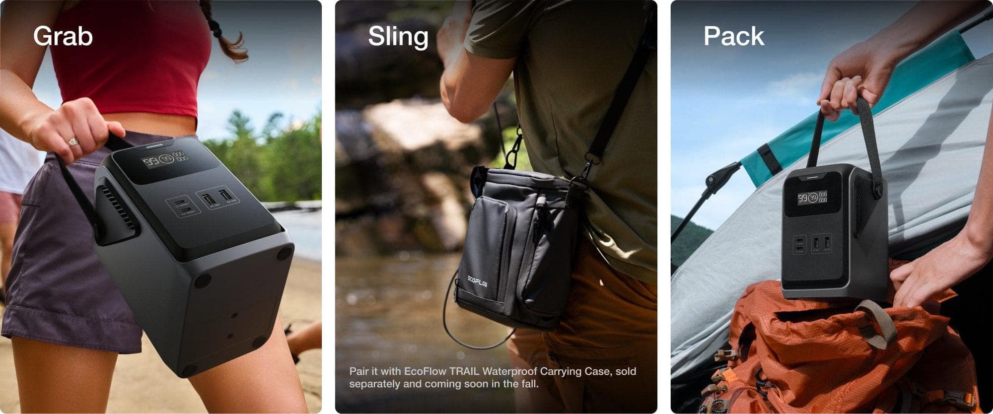 Tre bilder visar olika sätt att bära en portabel strömenhet: i handen, i en axelväska och på en ryggsäck vid ett tält.