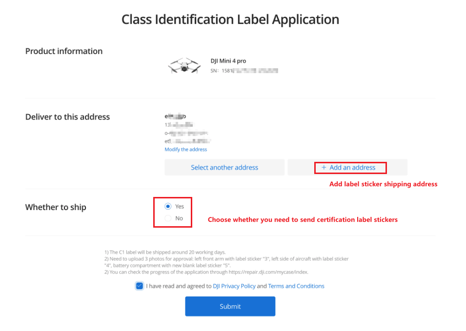"Skärmbild av en applikation för klassidentifieringsetikett, med alternativ för att lägga till en leveransadress och välja om etiketter ska skickas. Innehåller produktinformation för DJI Mini 4 Pro."