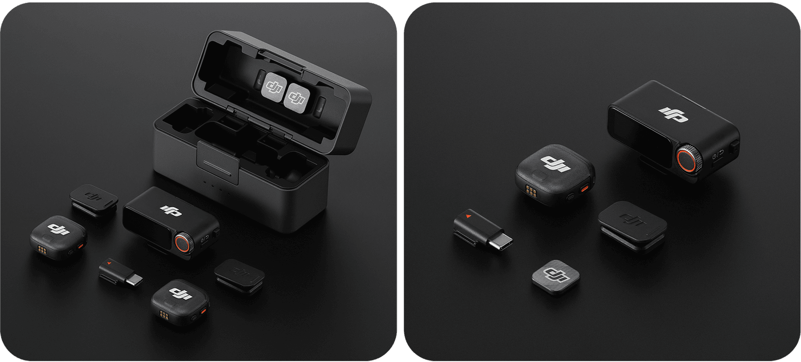 Två olika paketvarianter av DJI Mic 3 visas på ett svart underlag, inklusive en laddningsstation, flera små enheter och tillbehör.