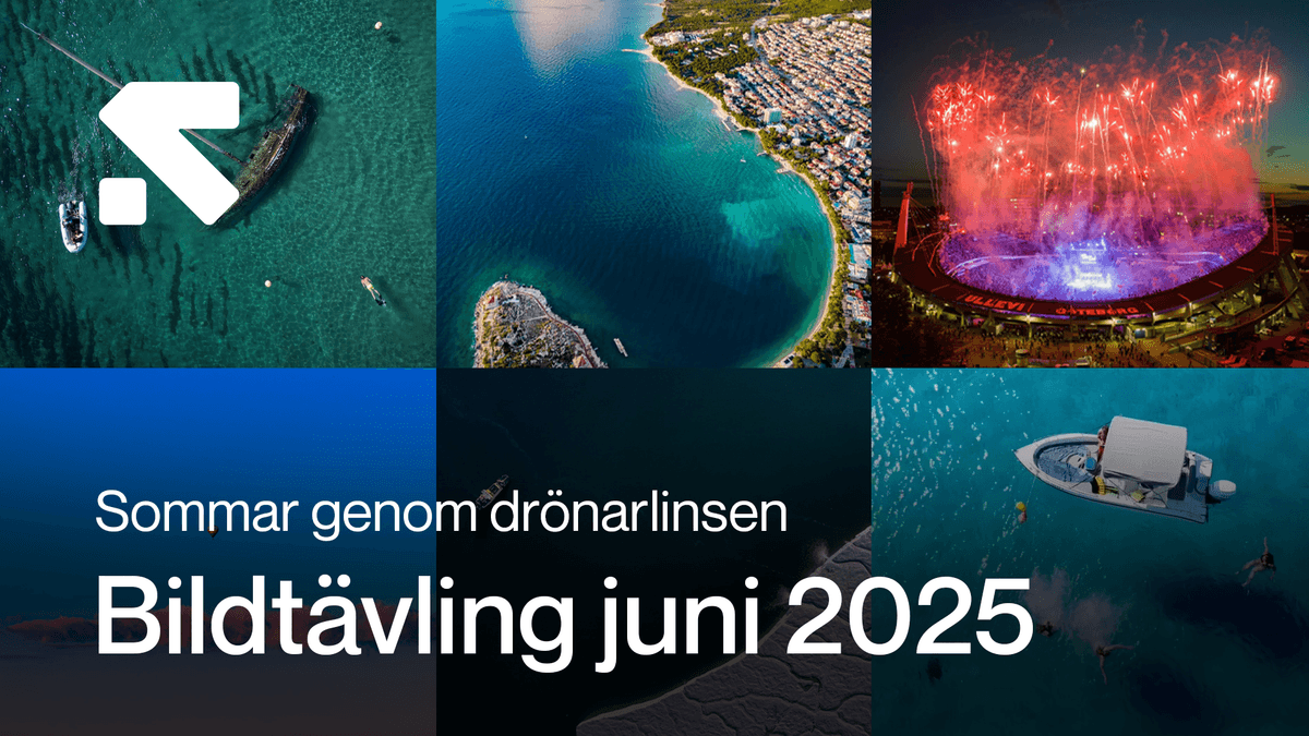En collage av drönarbilder visar somriga landskap, en kuststad, en båt på klart vatten och ett stadion med fyrverkerier. Texten annonserar en fototävling i juni 2025. en-collage-av.png