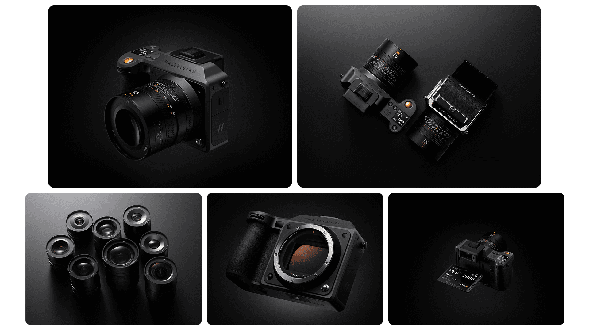 En samling av Hasselblad X2D II 100C-kameror och objektiv visas mot en mörk bakgrund, med fokus på design och funktionalitet.