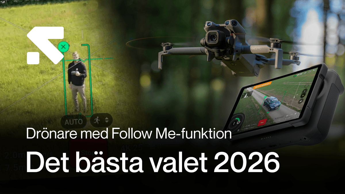En drönare med Follow Me-funktion flyger över en grönskande äng, medan en skärm visar drönarens vy av en bil på en landsväg. Texten 'Det bästa valet 2026' framhäver drönarens funktionalitet. en-dronare-med.png