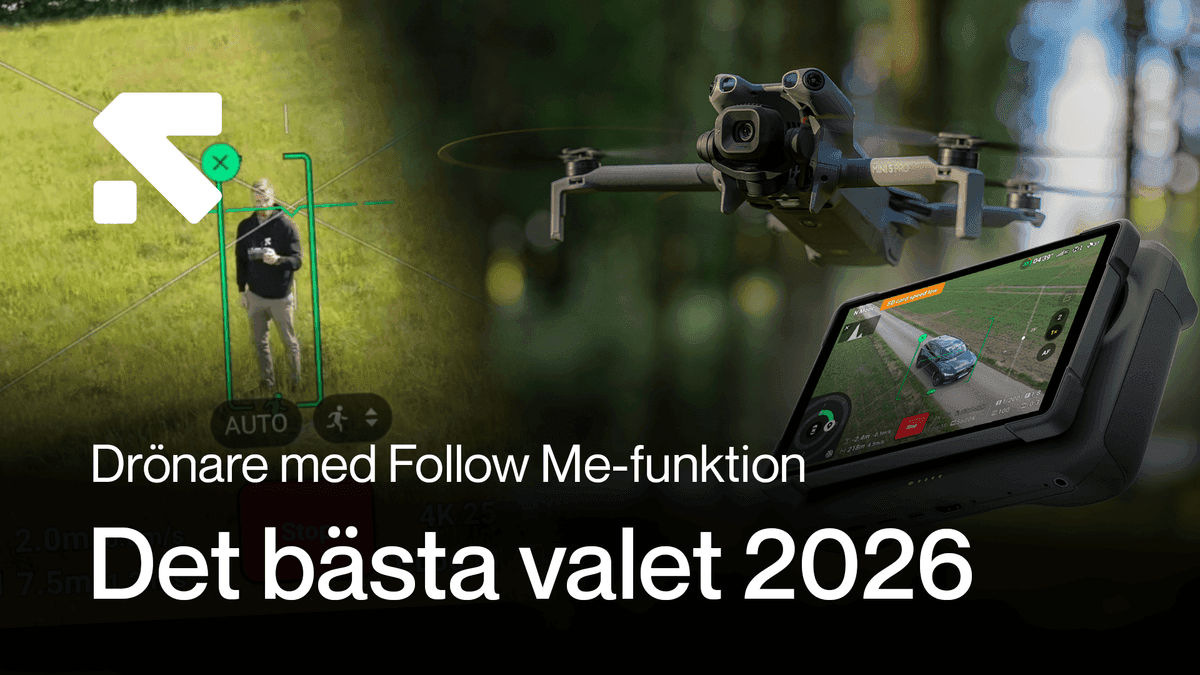 En drönare med Follow Me-funktion flyger över en grönskande äng, medan en skärm visar drönarens vy av en bil på en landsväg. Texten 'Det bästa valet 2026' framhäver drönarens funktionalitet.