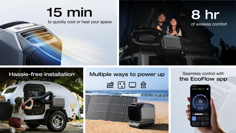 En portabel enhet kyler eller värmer snabbt ett utrymme på 15 minuter, med upp till 8 timmars trådlös komfort. Enheten kan enkelt installeras på en husvagn och laddas via flera metoder, inklusive solpaneler, och styrs smidigt med en app.