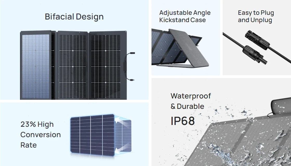 Solpanel med bifacial design och justerbart kickstand-fodral, erbjuder 23% hög konverteringsgrad. Den är vattentät och hållbar med IP68-klassificering, och har lättanvända pluggar.