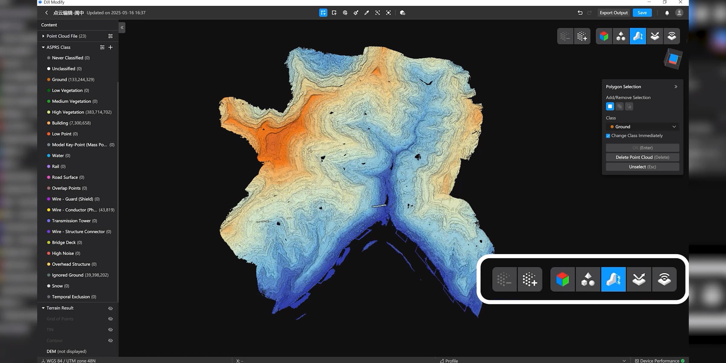 En färgkodad topografisk karta visas på en skärm, med olika höjdnivåer markerade i blått och orange. Ett användargränssnitt med verktygsikoner och klassificeringsalternativ syns på sidan.