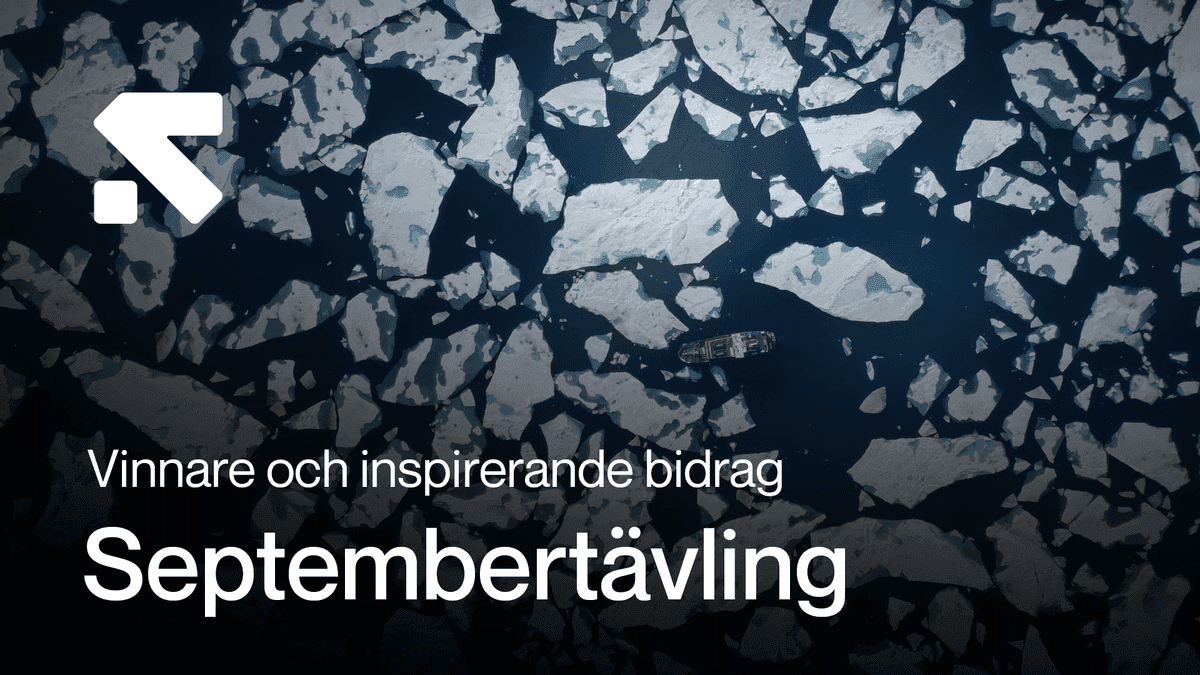 En båt navigerar genom ett hav av isflak, med texten 'Vinnare och inspirerande bidrag Septembertävling' överlagrad.