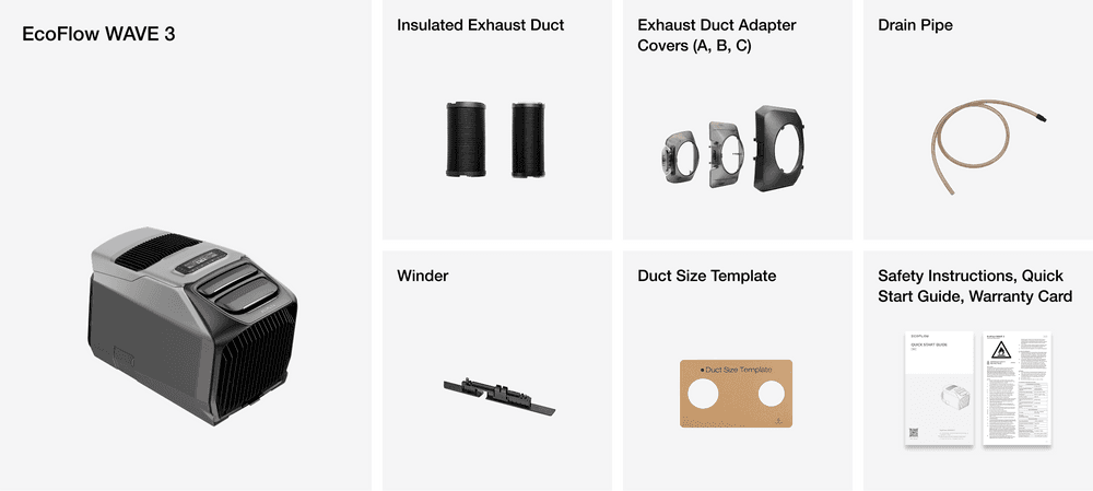 Bild av EcoFlow WAVE 3 med tillbehör inklusive isolerade avgasrör, adapterlock, dräneringsrör, upprullare, mall för rörstorlek och dokumentation.