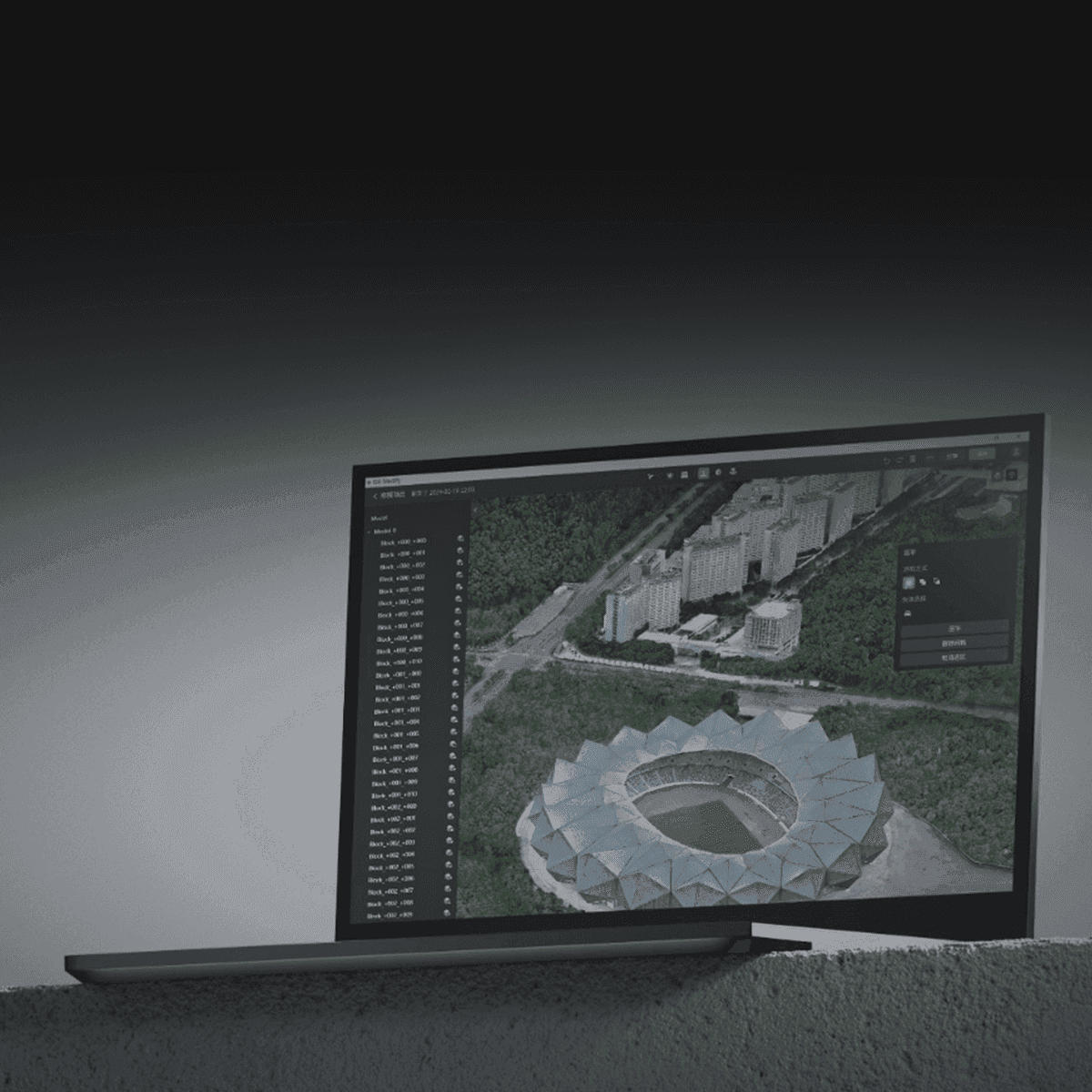 En bärbar dator visar en detaljerad 3D-karta över ett stadion och omgivande byggnader, vilket framhäver avancerad kartläggningsteknik.