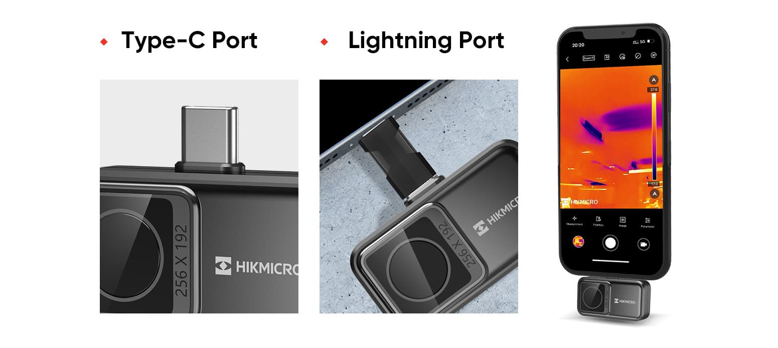 En termisk kameraenhet med både Type-C och Lightning-portar visas, ansluten till en smartphone som visar en termisk bild.