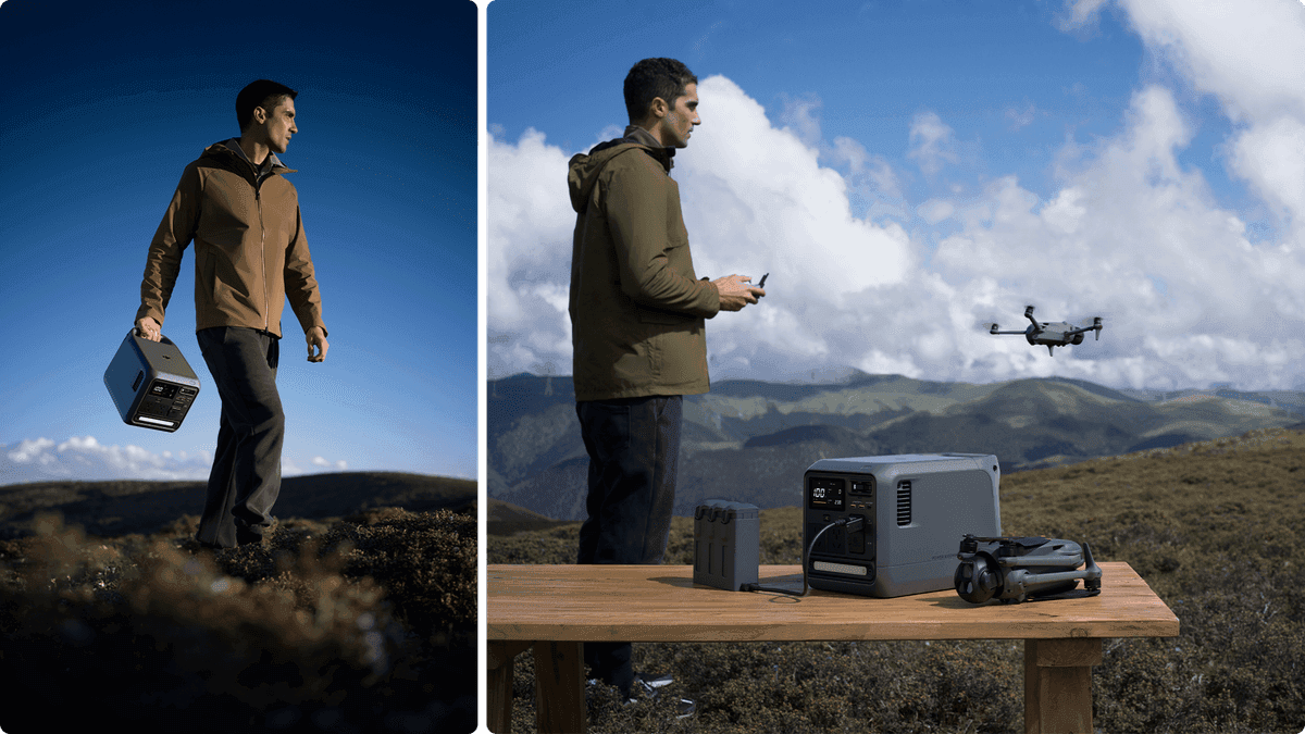 En person står på en kulle med en DJI Power 1000 Mini i handen. I en annan bild styr samma person en drönare med en fjärrkontroll, medan kraftstationen och drönaren är placerade på ett bord i ett bergigt landskap.