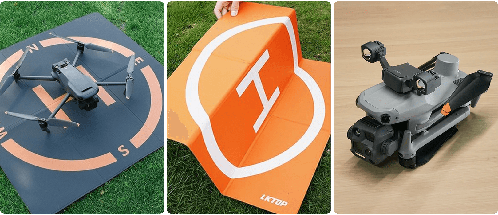 En drönare står på en LKTOP-landningsplatta med kompassriktningar, en hand håller en hopfällbar landningsplatta, och en Matrice 4-drönare med monterade lampor visas på ett bord.